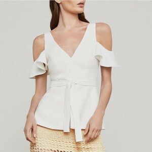 BCBGMAXAZRIA - White V Neck Cold Shoulder Top w/ Back Zip & Front Tie - size XS